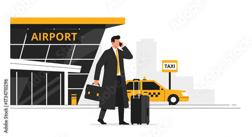 Business traveler arriving at airport calling a taxi for transportation to hotel