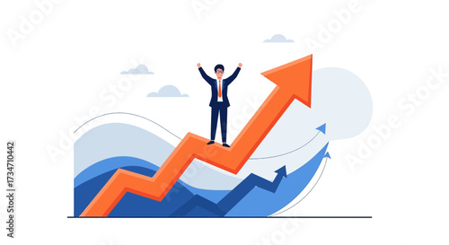 Businessman stands on the arrow pointing up, symbolizing growth and success within a company