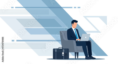 Businessman working remotely using laptop in modern stylish office background illustration