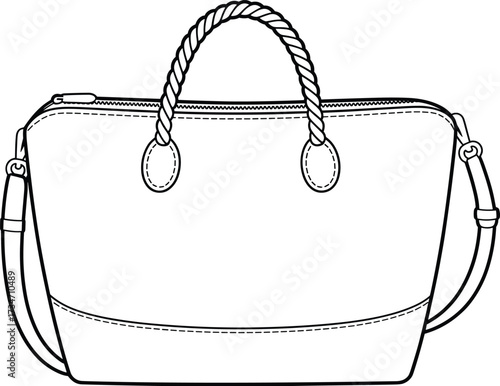 Handbag vector illustration, black and white fashion sketch, twisted handle, shoulder strap, zipper closure, structured design, front back views