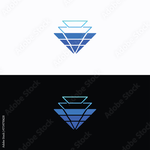 Abstract geometric logo design isolated on white background modern and minimalist concept featuring layered triangular shapes with gradient blue hues, representing depth and forward movement
