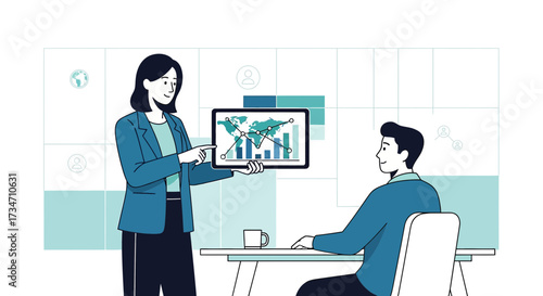 Businesswoman presenting global financial data to a colleague using a tablet illustration