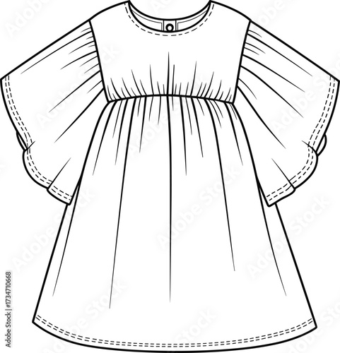 Dress vector illustration, black and white fashion sketch, high waist, voluminous sleeves, round neckline, cuff detail, garment construction drawing