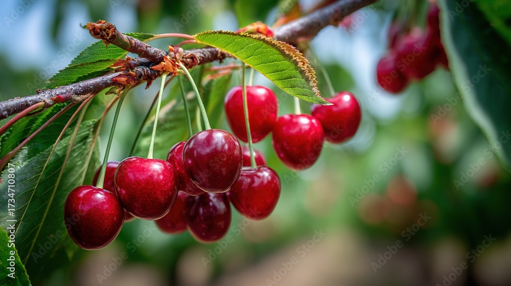 Obraz premium Cherries dangling from tree with green foliage and blue sky in background