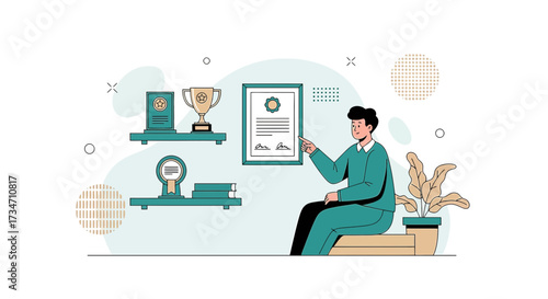 Celebrating success man showcasing achievements with awards and certificate display