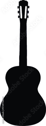 Black silhouette of an acoustic guitar on a white background