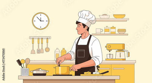 Chef cooking in a kitchen illustration showing culinary arts and food preparation at home