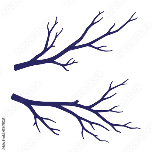 Elegant pair of dark blue silhouetted tree branches isolated on white background