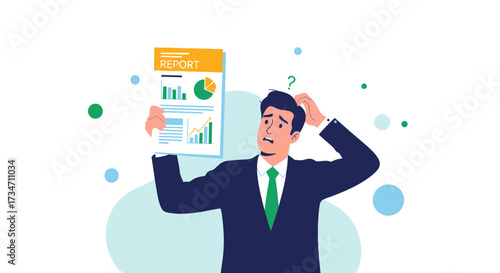 Confused businessman holding financial report with graphs and chart data illustration