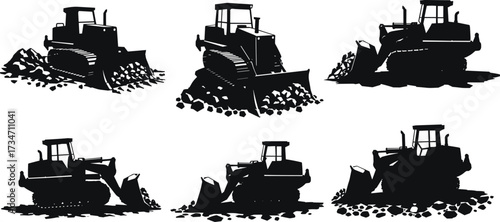 Heavy bulldozer construction machinery working with soil, rocks and gravel on building site, industrial vehicle equipment vector illustration silhouette