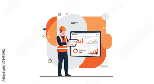 Construction worker using tablet to monitor project progress and analyze data charts