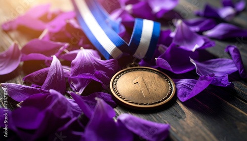 Bronze Medal with Ribbon and Purple Petals on Wood Background