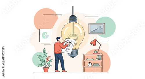 Creative designer drawing new ideas, illustration of brainstorming session concept, innovation and