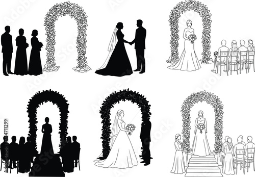 Wedding ceremony silhouettes, bride and groom under floral arch, romantic celebration, marriage vows, event illustration, guests seating, vector artwork, elegant bridal design