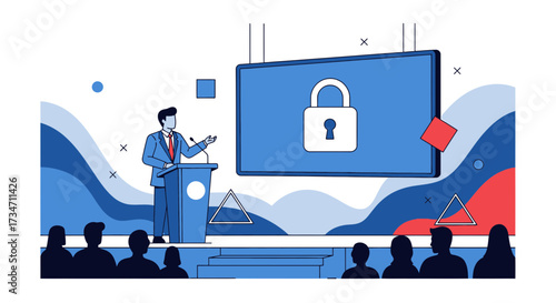 Cybersecurity presentation at business conference emphasizing data security and protection