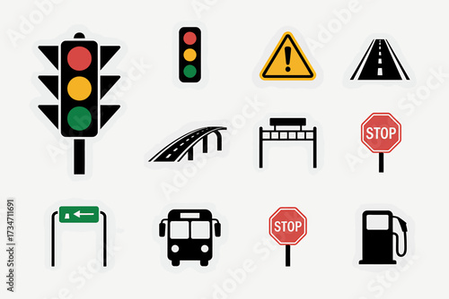 Collection of Road Signs and Traffic Symbols for Guidance and Safety on Highways and City Streets