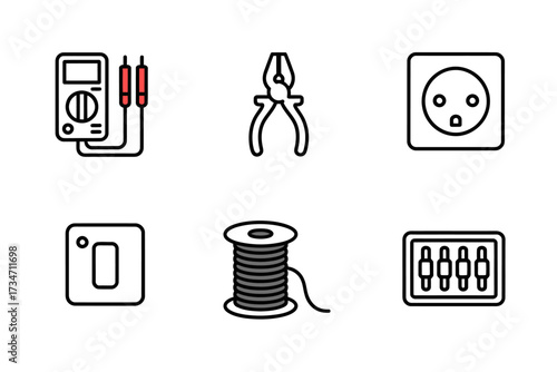 Electrical Tools and Components Set for Repair and Maintenance with Multimeter Pliers and Wire Spool Illustration