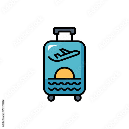 Blue Suitcase Icon with Plane Sunset and Waves for Vacation Travel and Holiday Getaways Illustration for Tourism and Luggage Companies