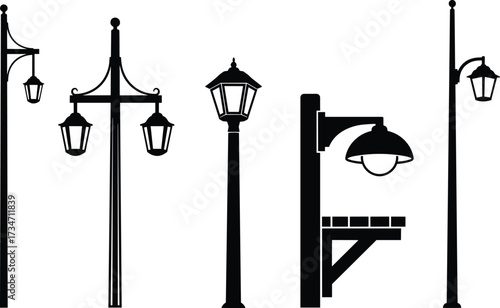 Set of classic and modern street light lamp post silhouettes, vintage urban outdoor lighting vector collection for decoration and design.