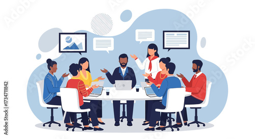 Diverse business team in collaborative meeting discussing strategy and innovation at office round