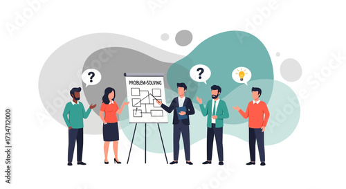 Diverse team brainstorming innovative solutions in a collaborative problem solving environment