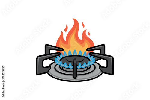 Burning Gas Stove Illustration for Cooking and Energy Concepts with Blue Flames and Orange Fire with Cast Iron Support