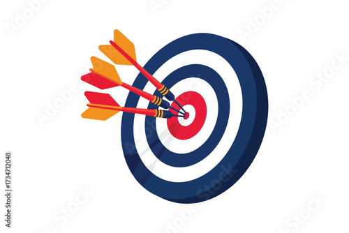 Illustration of a target with three arrows hitting the bullseye, symbolizing accuracy, success, and achieving goals, a vibrant and dynamic design