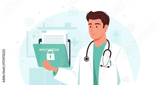 Doctor Holding Encrypted Medical Records Folder Showing Data Security Concept Illustration