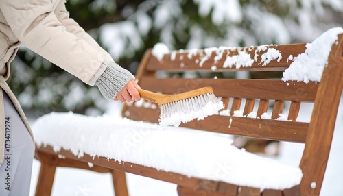 Brushing Snow Off Wooden Bench on Snowy Winter Day