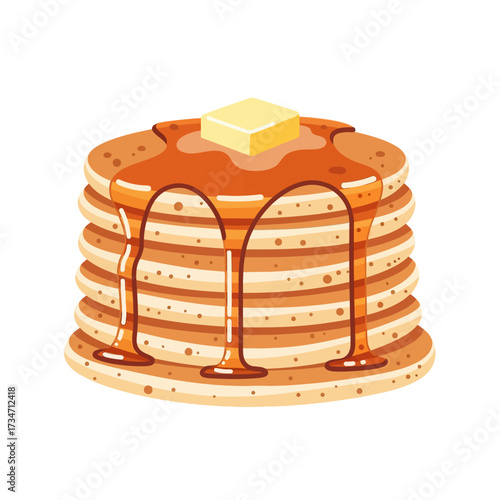 A stack of golden pancakes, topped with melting butter and drizzled with maple syrup.
