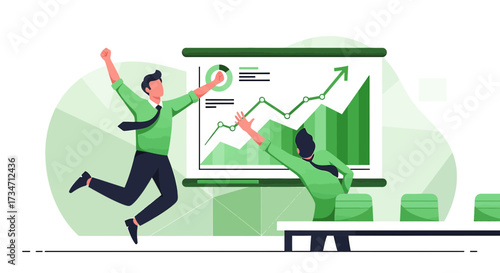 Excited business team celebrating success with rising graph in presentation showcasing significant
