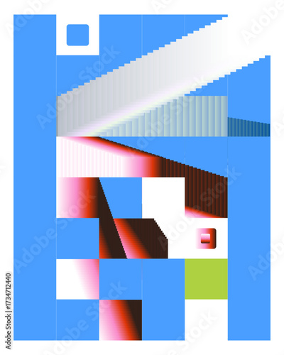 Abstract geometric composition with blue, white, and red shapes isolated on white background