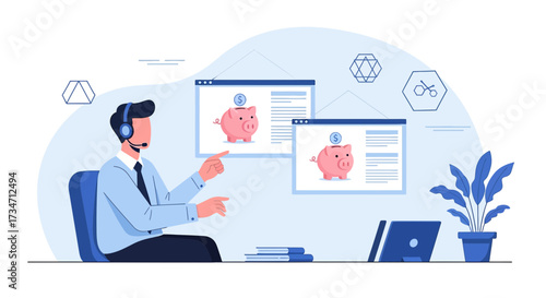 Financial advisor providing consultation on savings and investment strategies online to clients