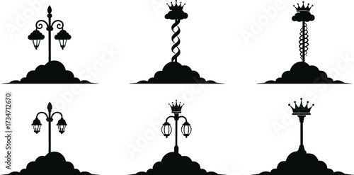 Set of fantasy crown lamp post silhouettes with cloud bases, spiral poles, decorative street lights, and creative abstract vector designs