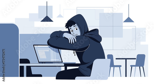 Frustrated programmer in hoodie with laptop. Concept of burnout, stress, and work overload.