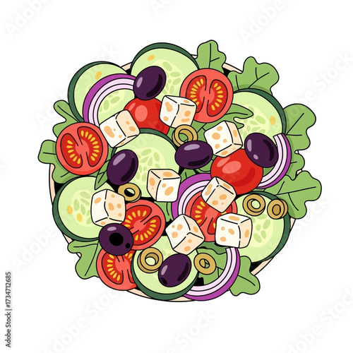 Overhead view of a colorful Greek salad with feta, olives, and vegetables.