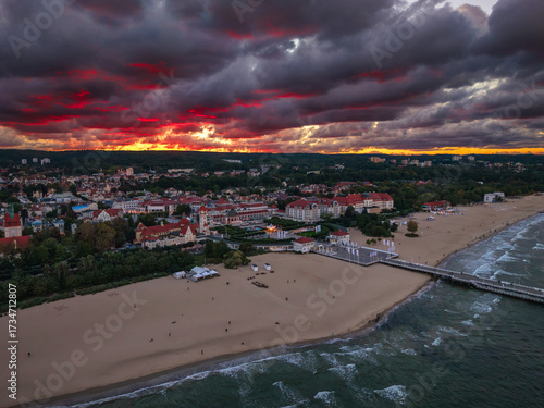 Fototapeta Naklejka Na Ścianę i Meble -  Beautiful architecture of Sopot city by the Baltic Sea at sunset, Poland.