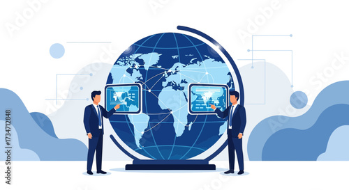 Global Business Connection: Two Executives Engaging with World Data on Interactive Screens