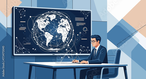 Global business intelligence analysis in modern office setting with world map display