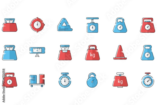 Vector art of collection of weight scale icons for measurement, balance, kilogram, gram, pound, ounce, and laboratory concepts