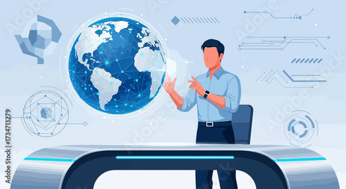 Global technology presentation with man interacting with digital earth globe and interface