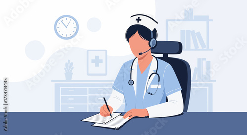 Illustrated Nurse with Headset Providing Telehealth Consultation at Her Desk