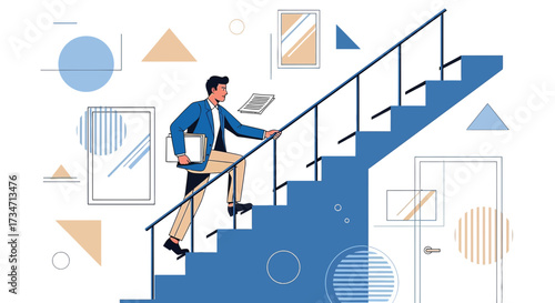 Illustration depicting a businessman climbing stairs as a metaphor for career advancement