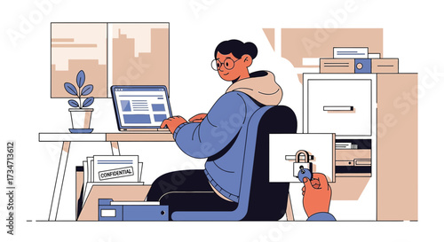 Illustration depicting data privacy and security in an office environment with computer use