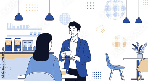 Illustration depicting a man serving a woman coffee in a modern, minimalist café setting filled
