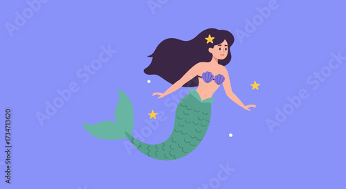 Enchanting mermaid with flowing hair and green tail swimming gracefully through underwater sparkles Flat design vector illustration white background.