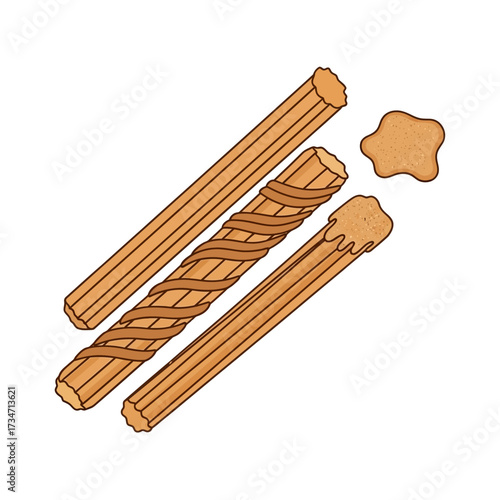 Illustration of three golden-brown churros, one plain, one with a spiral pattern, and one with a sweet topping, alongside a dollop of the topping.