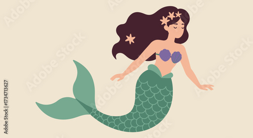 Enchanting mermaid with flowing hair and shimmering tail in pastel tones Flat design vector illustration white background.