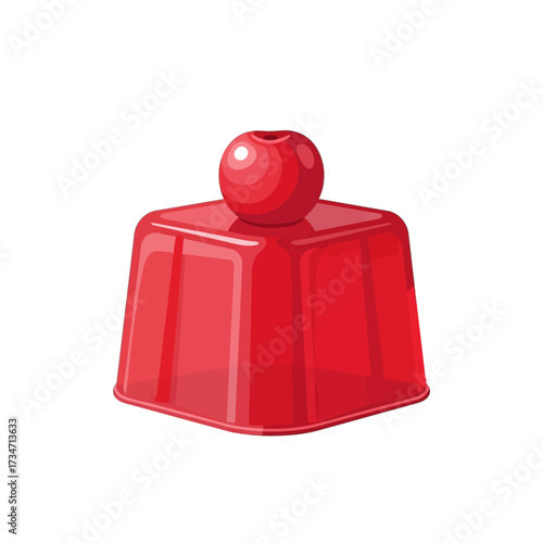 A vibrant illustration of a red gelatin dessert with a cherry on top, ready to eat.