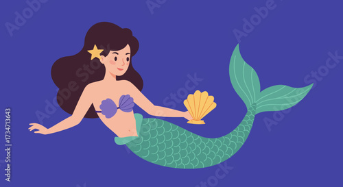 Whimsical mermaid swimming underwater holding seashell undersea fantasy ocean mythical creature Flat design vector illustration white background.